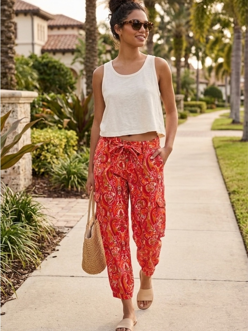 VTG Tommy Hilfiger Paisley Cargo Pants Size 12 Red Orange Pink Y2K Utility Crop